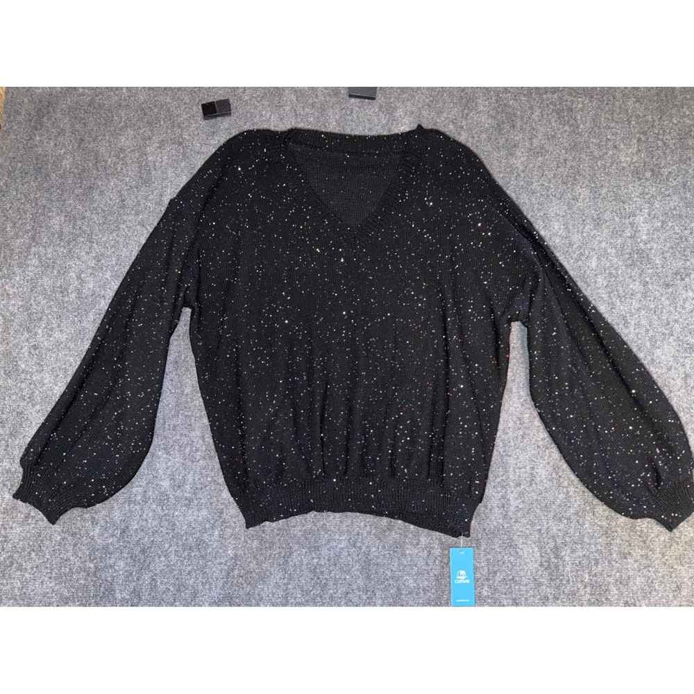 Cupshe Womens XL Black Multi Color Sequin V-Neck Balloon Sleeve Sweater NWT